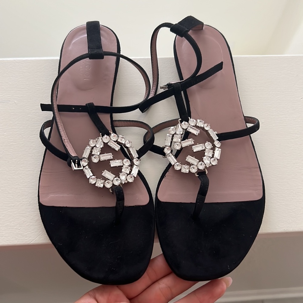 Gucci Black Satin GG Interlocking Crystal Ankle Strap Flat Sandals gladiator